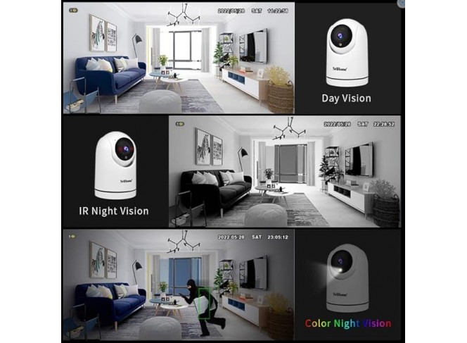 SriHome Caméra WiFi Intérieure Sans Fil, Audio Bidirectionnel 2MP avec Mode Nuit Infrarouge et Vision en Couleurs