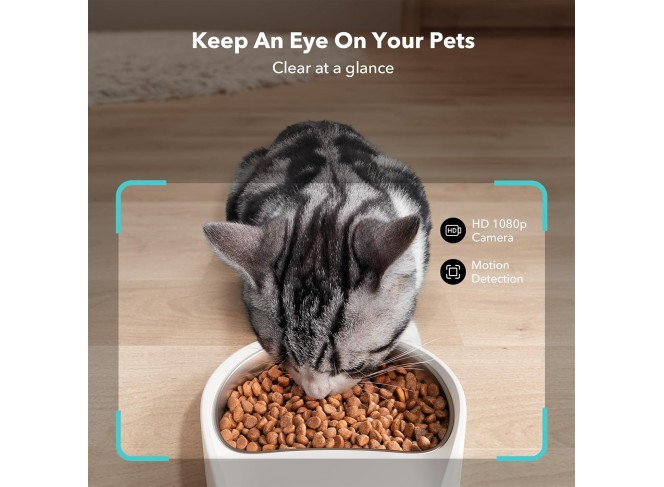 Distributeur Automatique Intelligent Pro pour Chats/Chiens avec Caméra – Vidéo HD 1080P & Vision Nocturne, WiFi 5 GHz, Audio Bidirectionnel, Capteurs de Niveau Bas et Anti-Blocage, Alertes de Mouvement/Son – Plateau Unique
